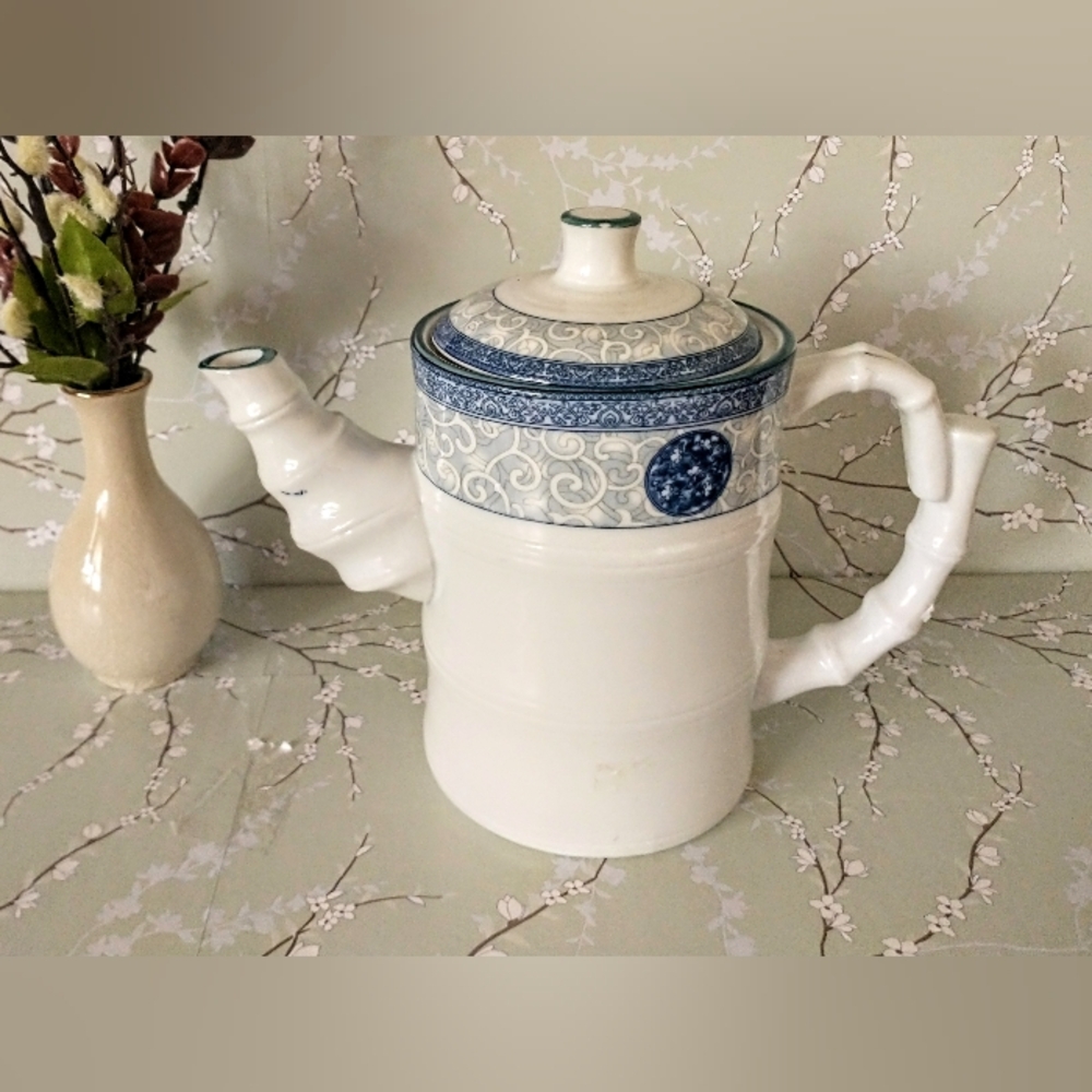 LAT Vintage Chinese White/Blue Teapot - Porcelain Faux Bamboo Handle & Spout